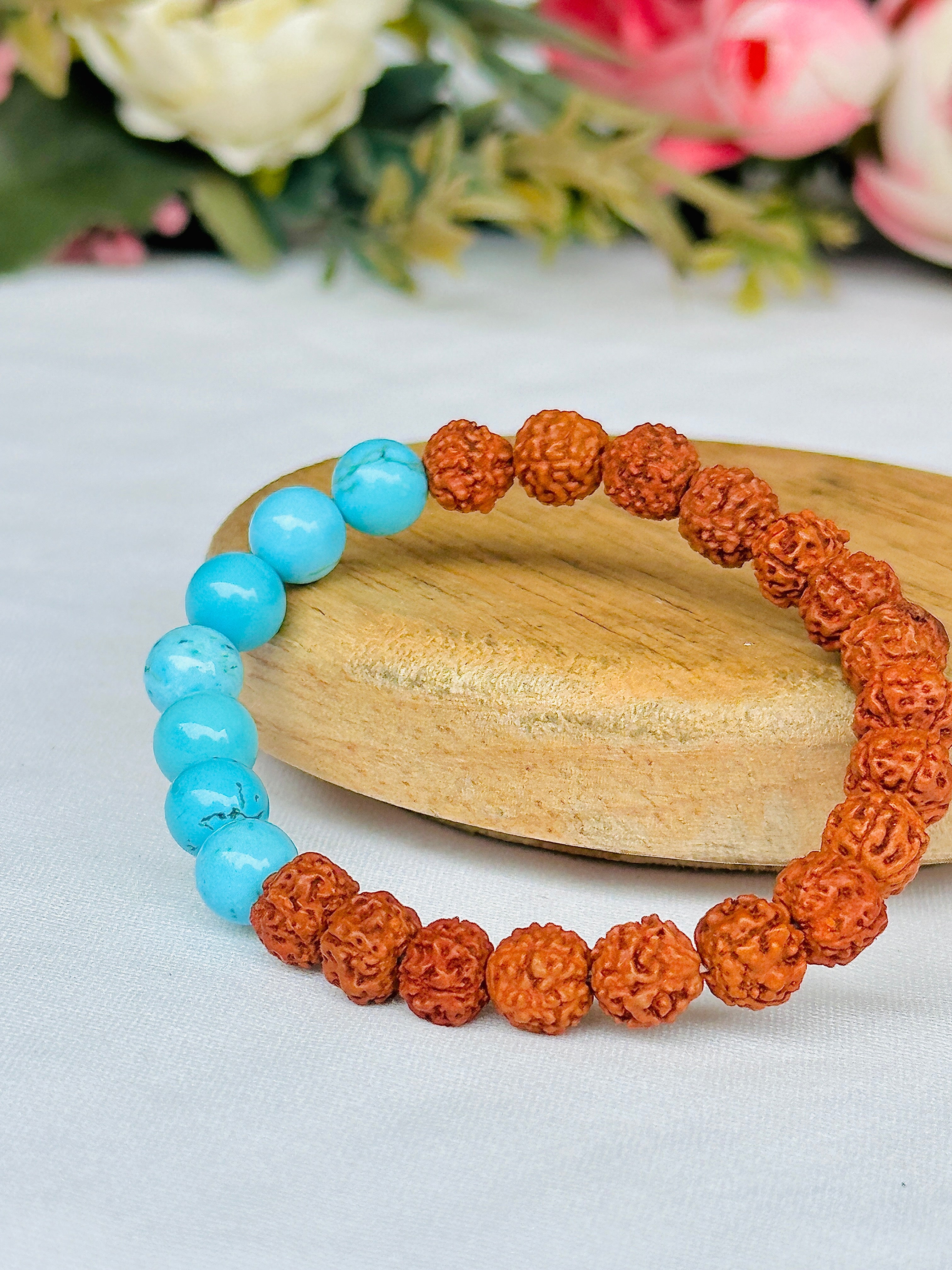 Enhance Immune & Communication: Turquoise with Rudraksha Bracelet - Abhimantrit & Certified